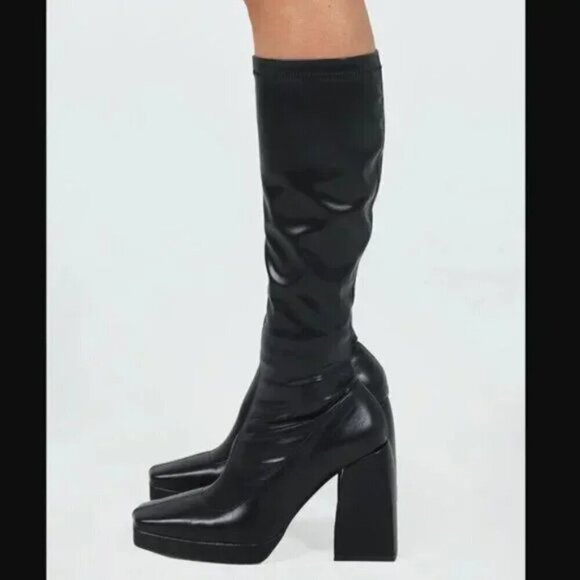 Princess Polly Zayas Black Faux Leather Knee High Heeled Boots 7 - Picture 2 of 10